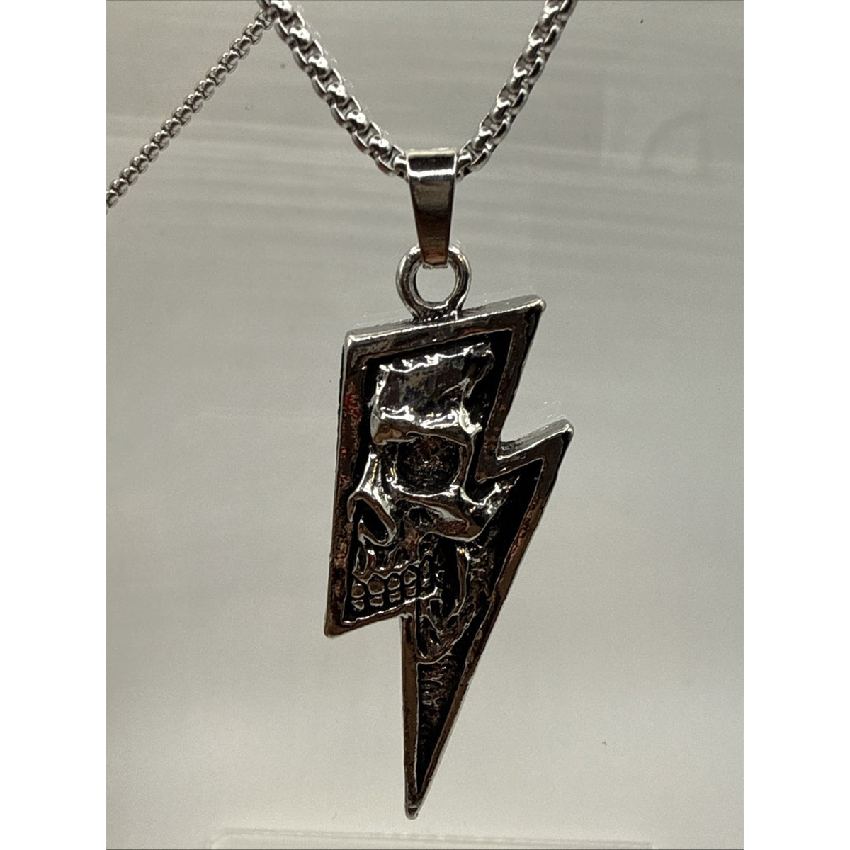Skull Lightning Bolt Pendant Necklace Silver Tone Gothic Punk Biker Grunge Emo