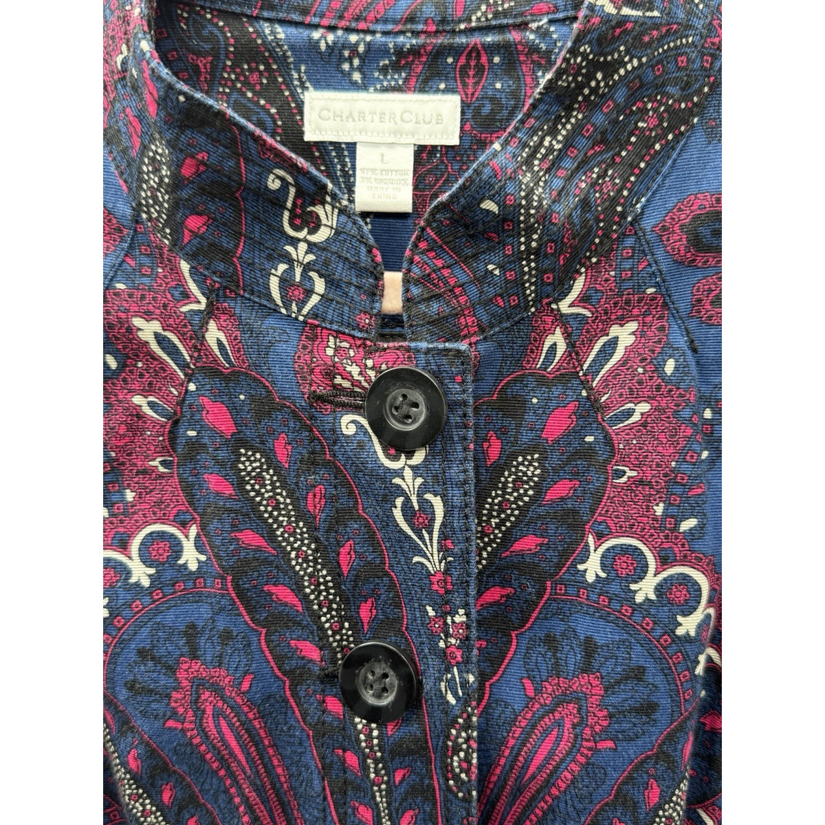 Charter Club Jacket Womens Large Blue Pink Paisley Twill LS Button Up Artsy