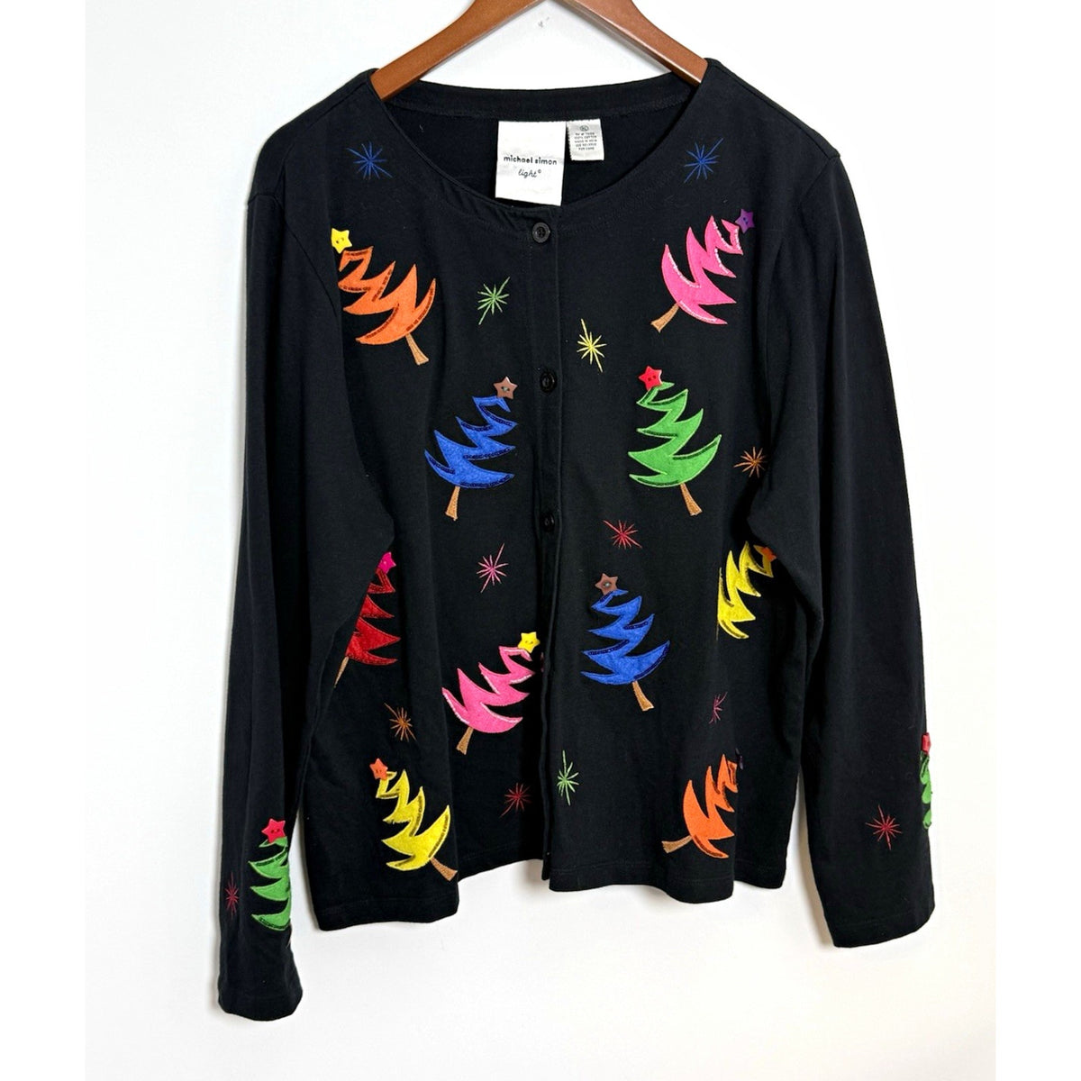 Michael Simon Light Womens XL Black 100% Cotton Knit Christmas Tree Cardigan Y2K