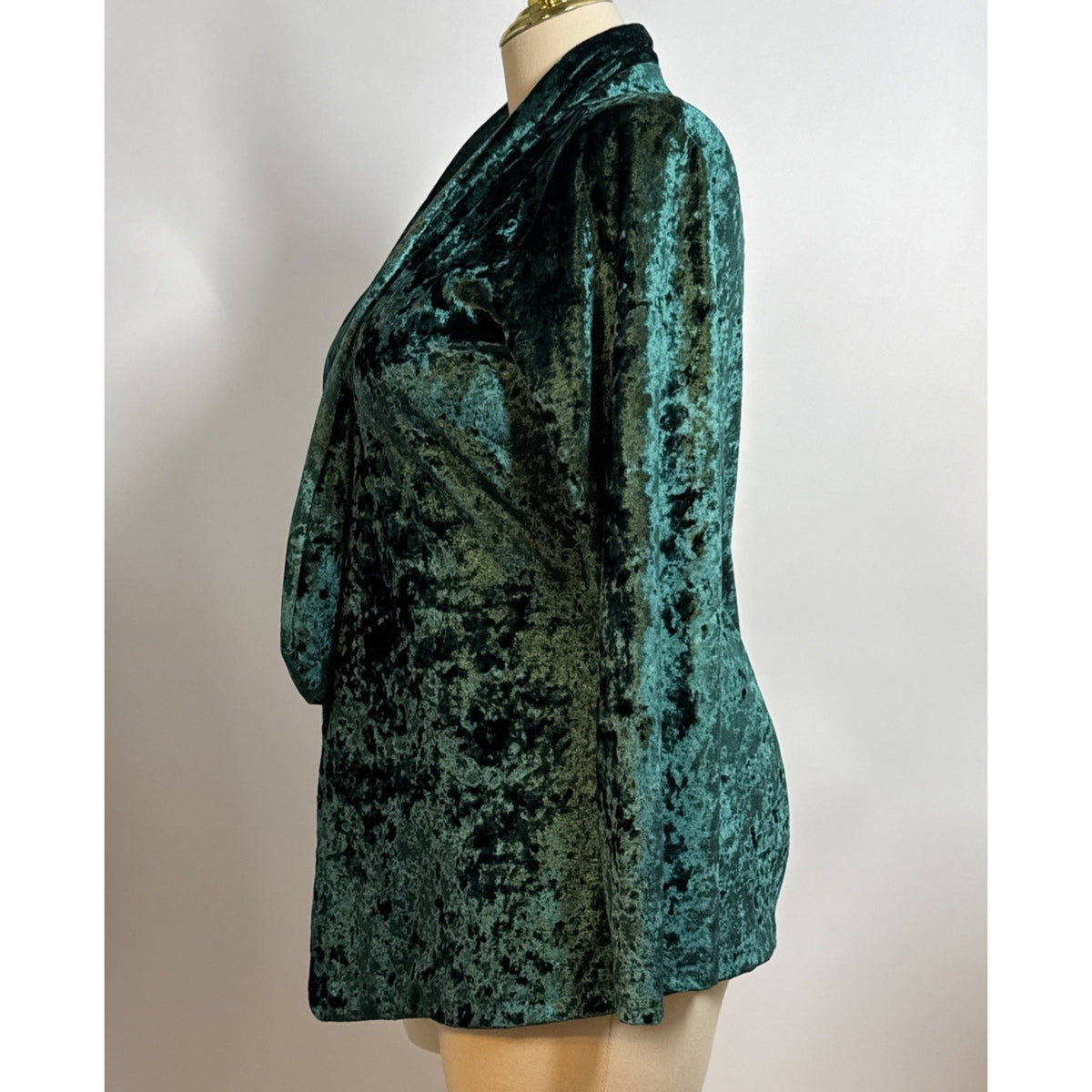 Women’s XL Emerald Green Crushed Velvet Open Front Longline Cardigan Jacket