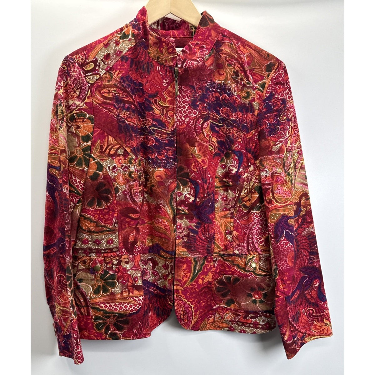 Coldwater Creek Women's Petite PL Red Paisley Zip Jacket Pockets Short LS
