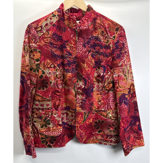 Coldwater Creek Women's Petite PL Red Paisley Zip Jacket Pockets Short LS