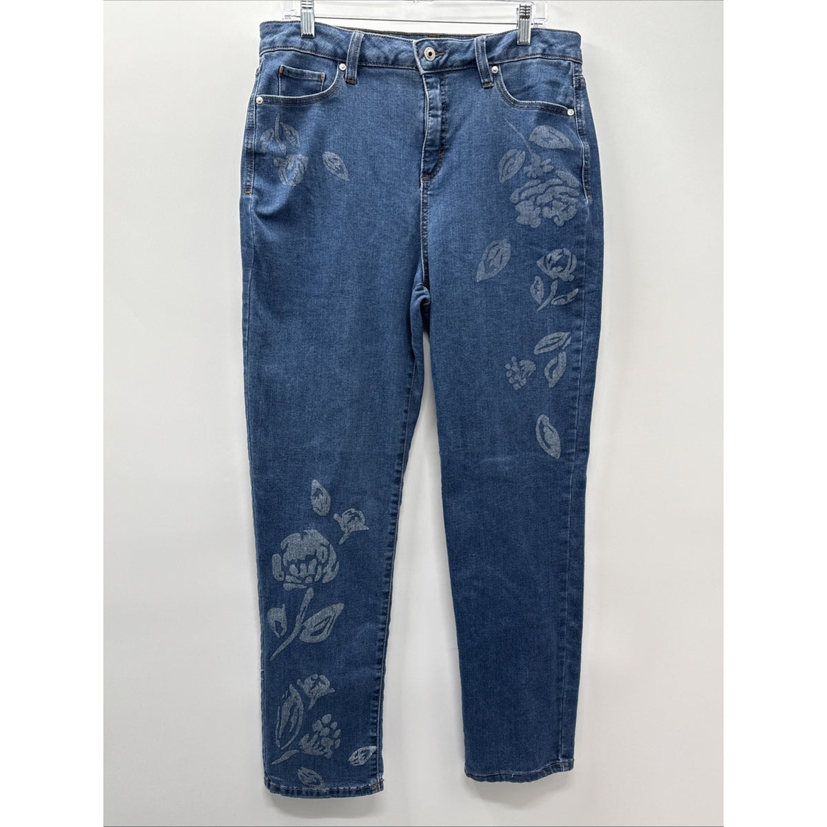 Style & Co. Womens Sz 14 Straight Leg Jeans Blue Floral Print 5 Pocket Boho