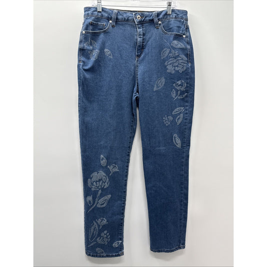 Style & Co. Womens Sz 14 Straight Leg Jeans Blue Floral Print 5 Pocket Boho