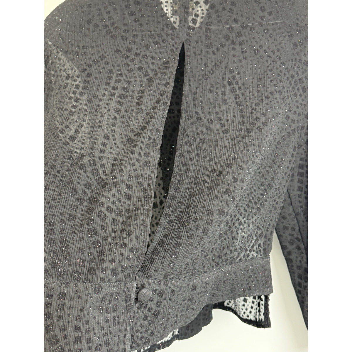 R&K Evening Black Sheer Open Back Textured Blouse 14W Button Front Shimmer Top