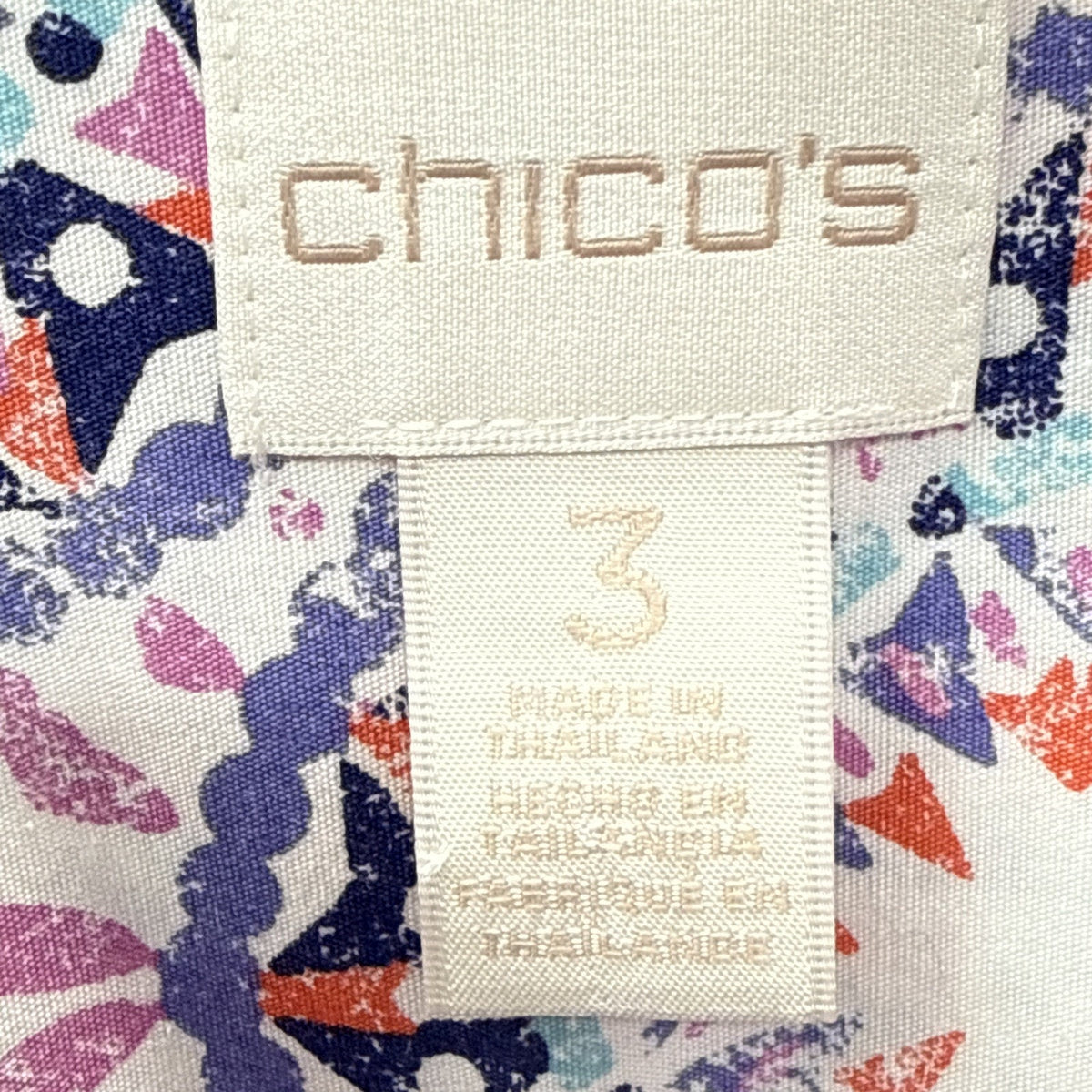 Chicos 3 Womens Geometric Colorful Button Up 3/4 Sleeve Blouse Sz XL