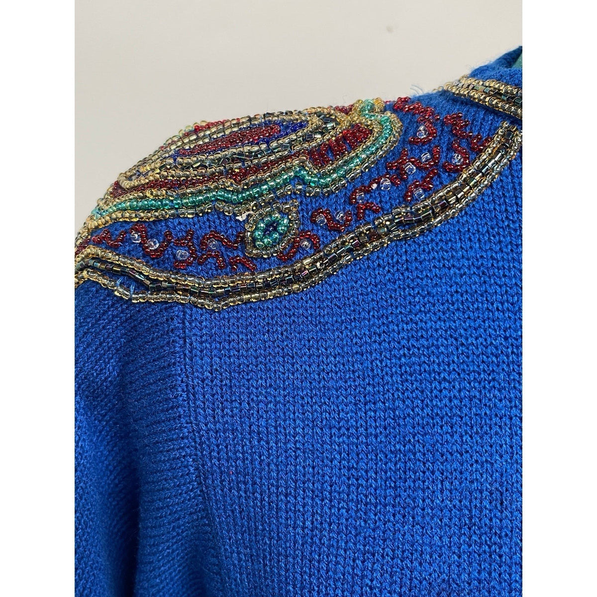 Plain Jane Vintage Blue Beaded Midi Length Long Sleeve Sweater Dress SizeMedium