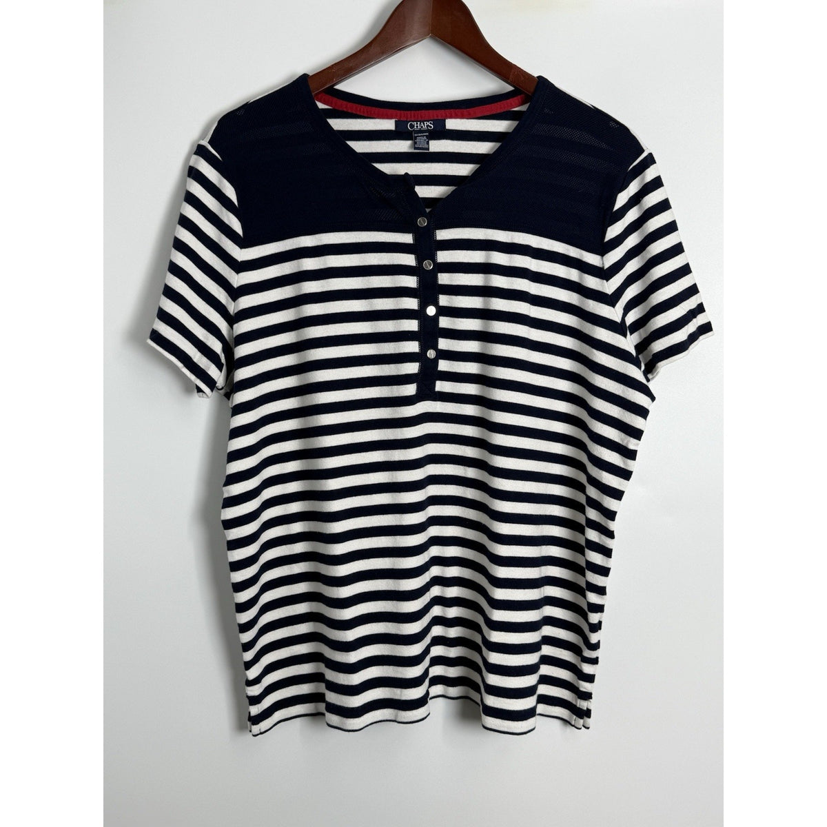 Chaps Women’s 3X Navy White Striped Henley Top Short Sleeve Stretch Plus Size 3X