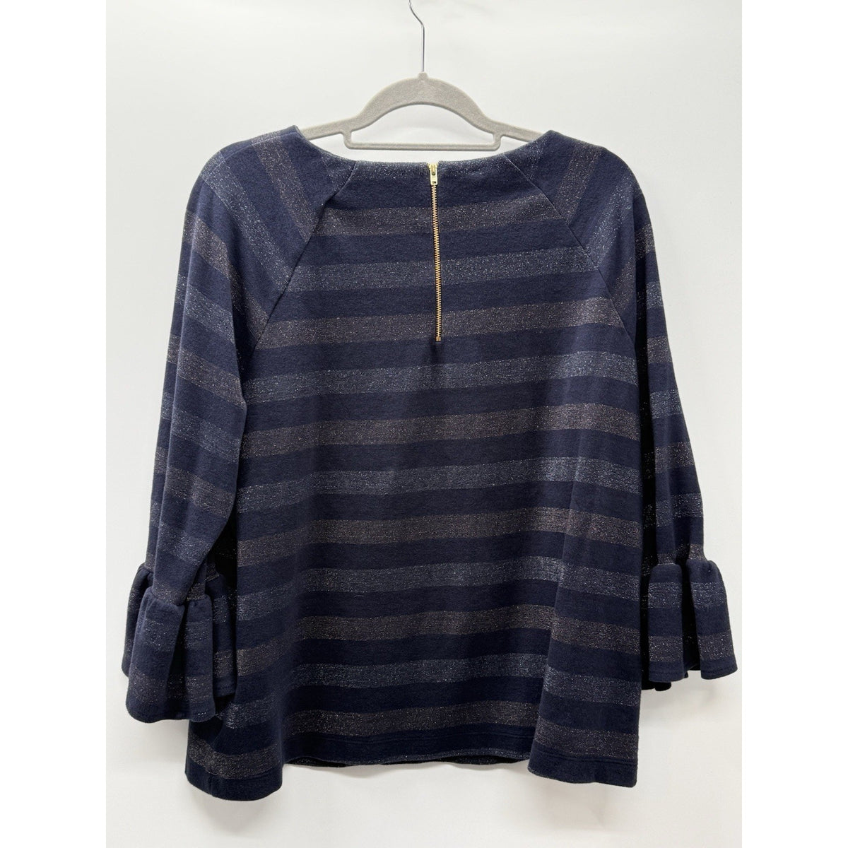 Crown & Ivy XL Navy Metallic Stripe Top Ruffle Bell Sleeve Knit Career Holiday
