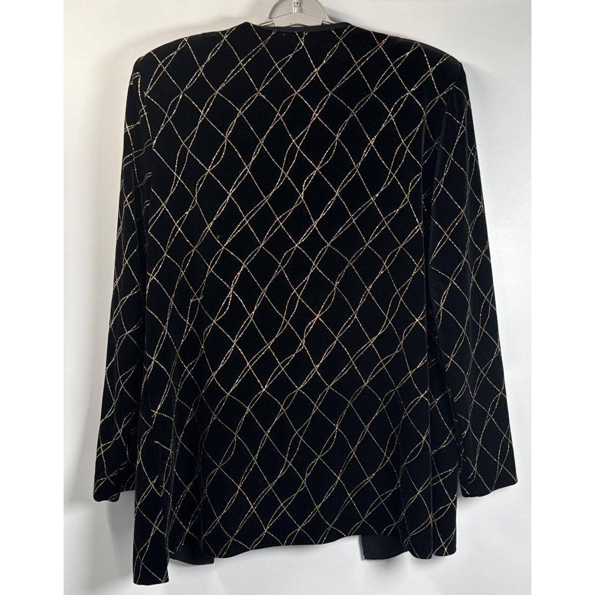J.B.S. LTD. Size 12 Vintage Velvet Metallic Grid Open Front Jacket Black/Gold