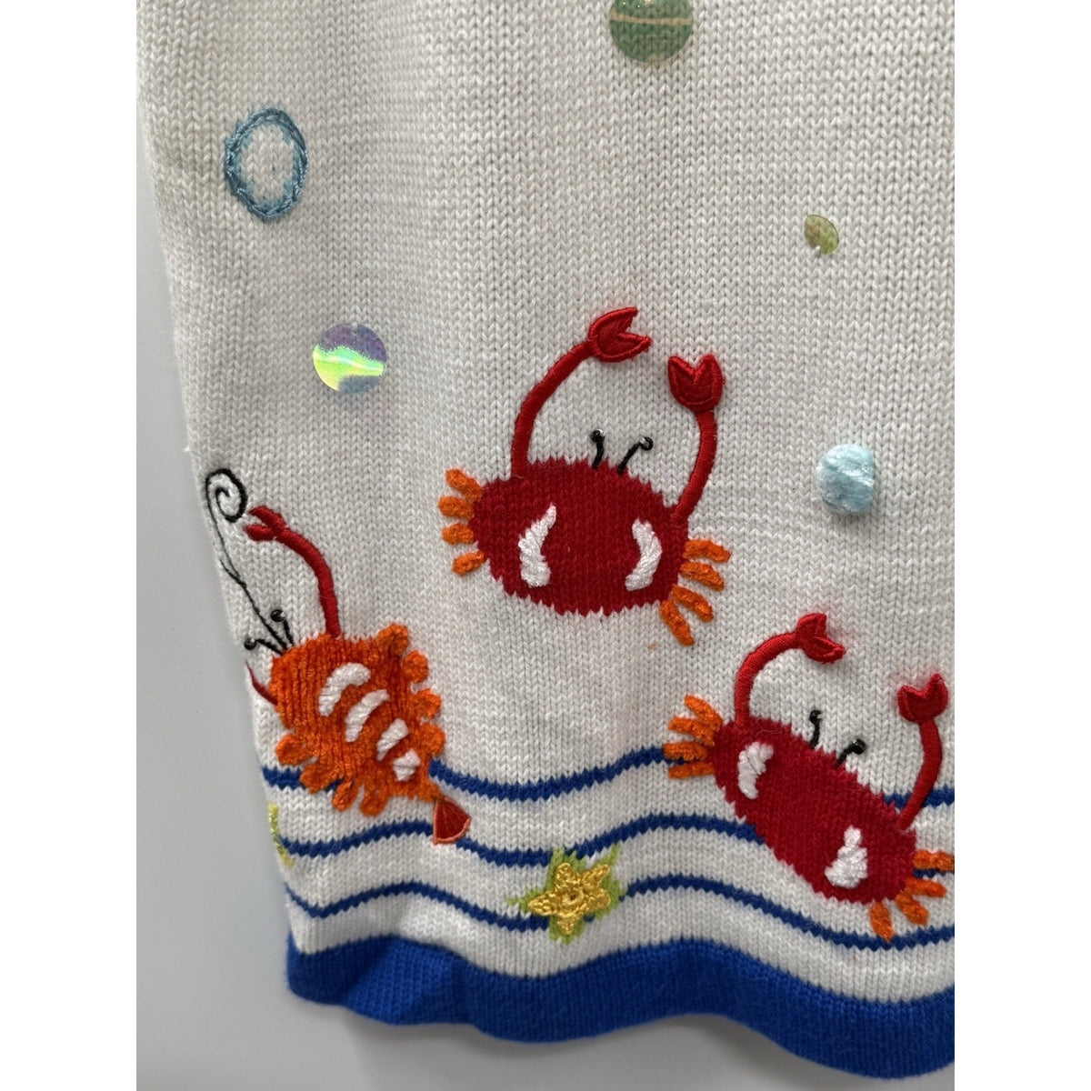 Quacker Factory 1X Nautical Crab Sweater Vest Cardigan White Blue Sequin Beach