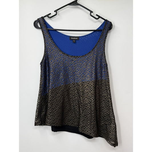 Bebe Asymmetrical Mesh Tank Top Women’s Small Blue Black Metallic Overlay