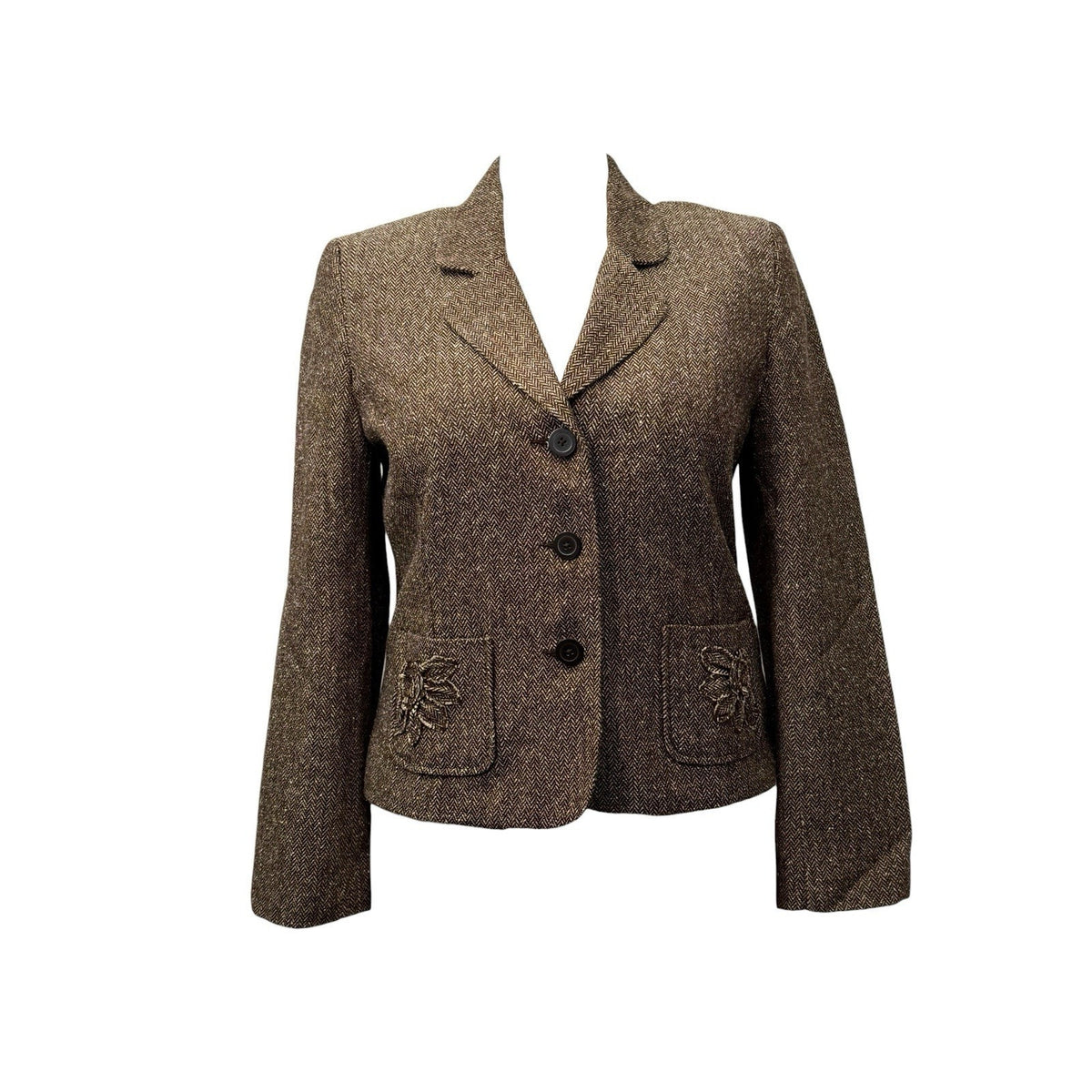 George Women’s Brown Herringbone Blazer Jacket Size 16 Button Embroidered Pocket