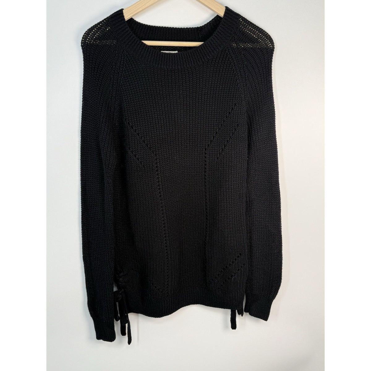 SO Black Knit Sweater Women’s Large Lace Up Sides Long Sleeve Pull On Casual