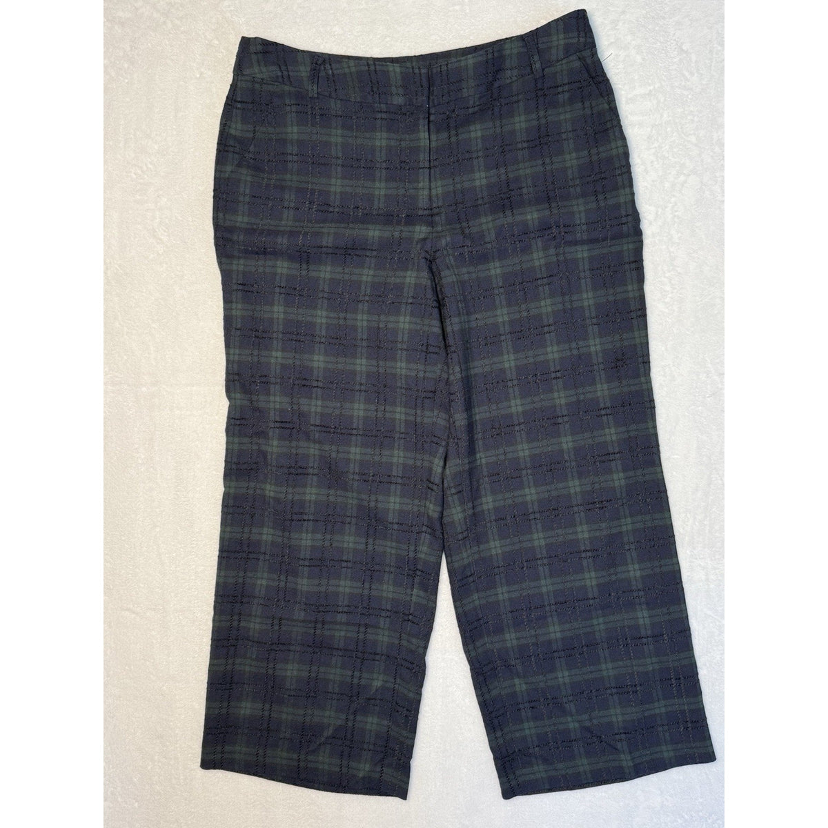 Crown & Ivy Cropped Straight Wide Leg Dress Pants Green Tartan Plaid Mid Rise 8