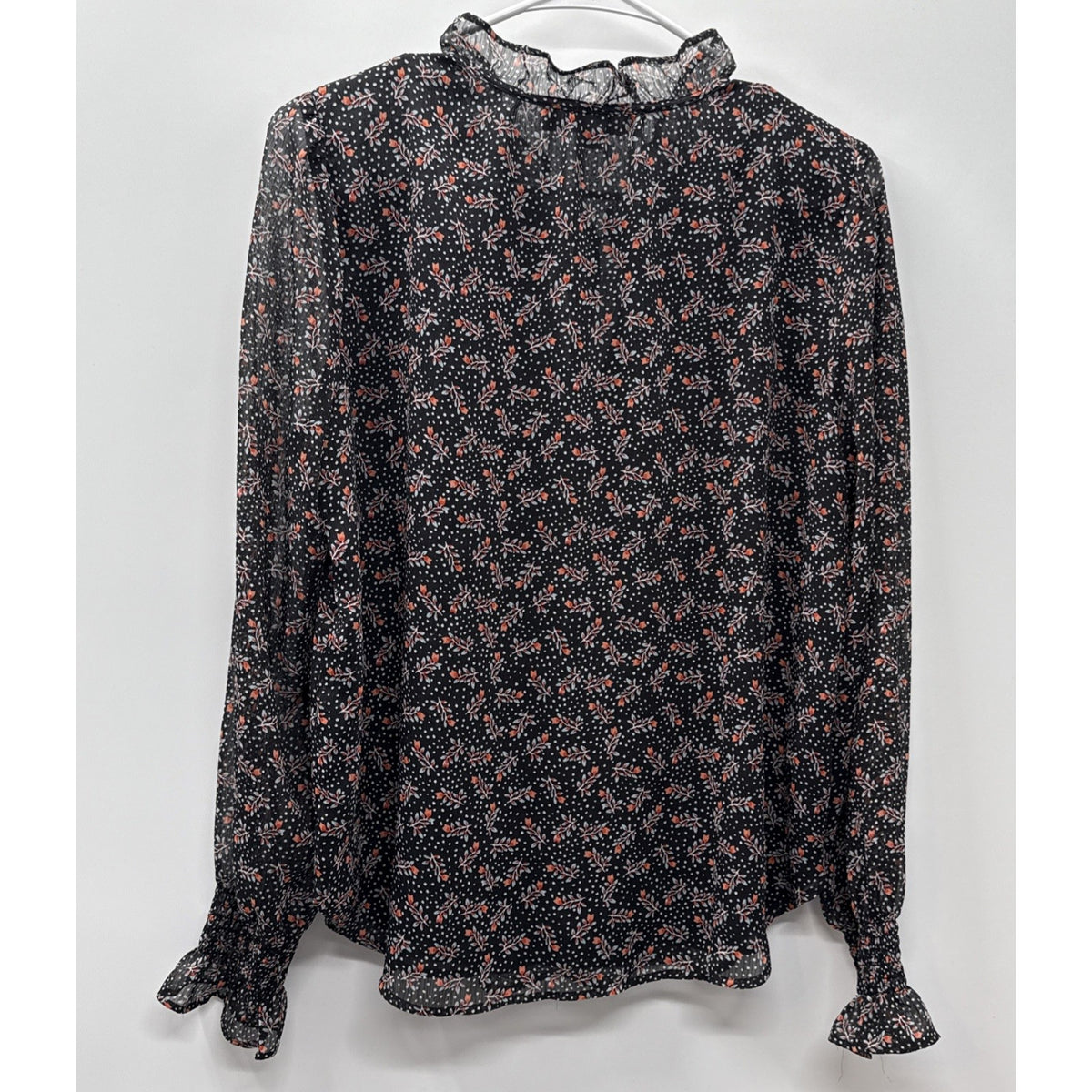 LOFT Black Floral Ruffle Neck Blouse Small Long Sleeve Lightweight Top