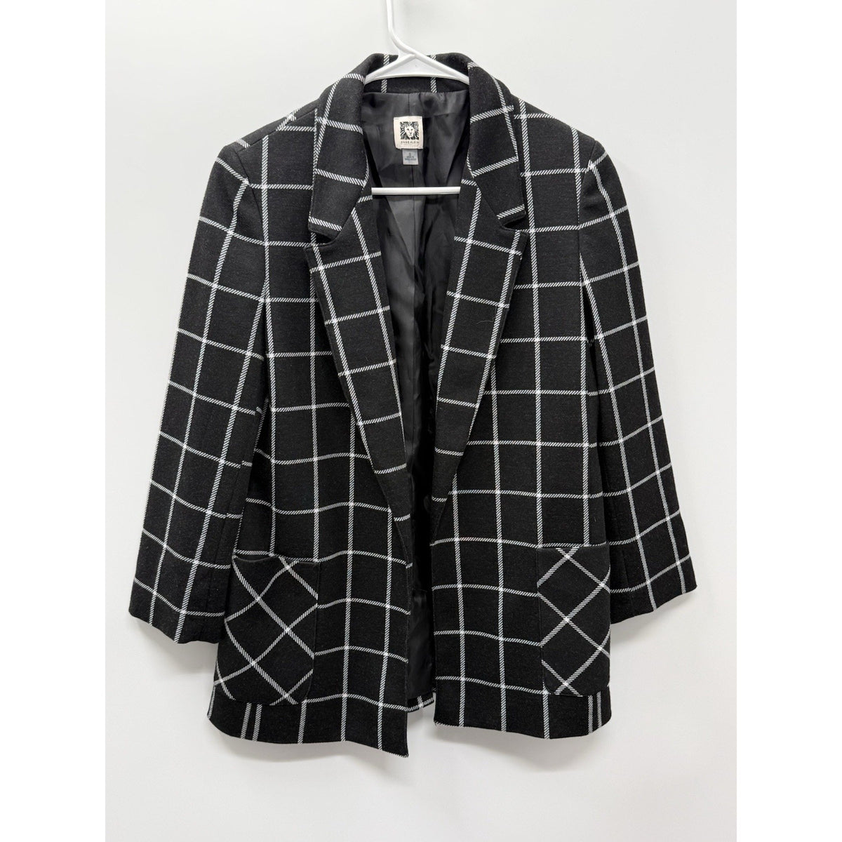 Anne Klein Boyfriend Windowpane Open Front Blazer Women’s Size Small 3/4 Sleeve