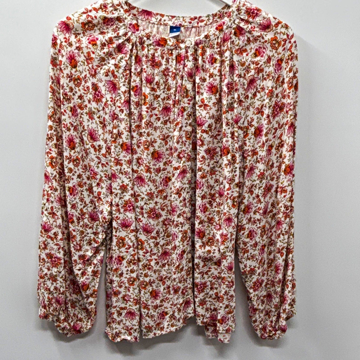 Old Navy Womens XL Floral Woven Viscose Long Sleeve Pullover Blouse White