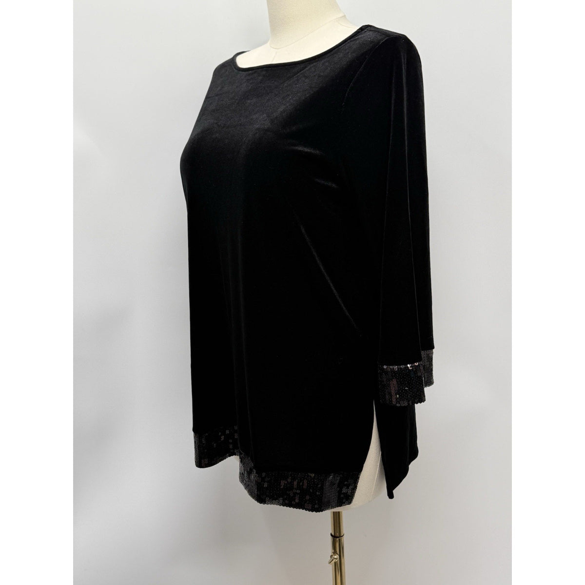 Susan Graver Womens L Black Velvet Tunic Blouse Sequin Trim 3/4 Sleeve