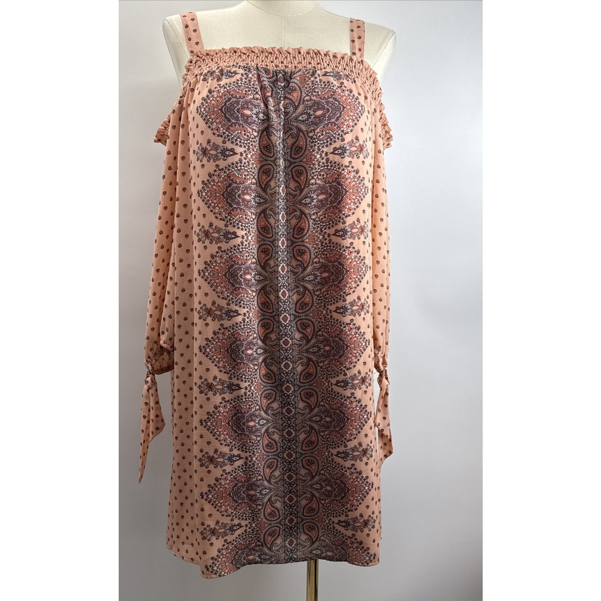 Luxology Boho Paisley Off Shoulder Dress Peach Smocked Festival Size 18
