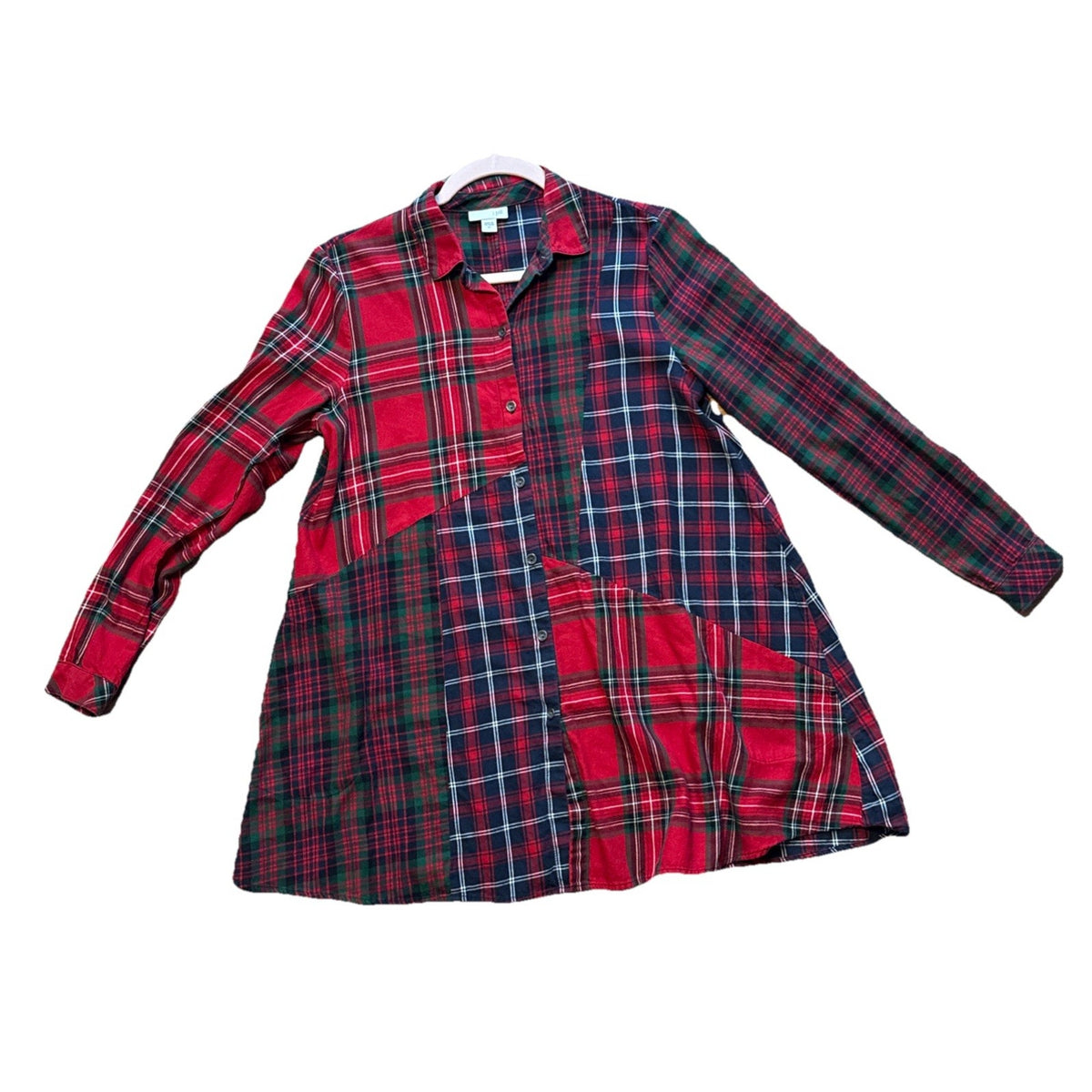 J Jill Button Up Tunic Top Women's XS Red Plaid A-Line Patchwork Pockets Casual