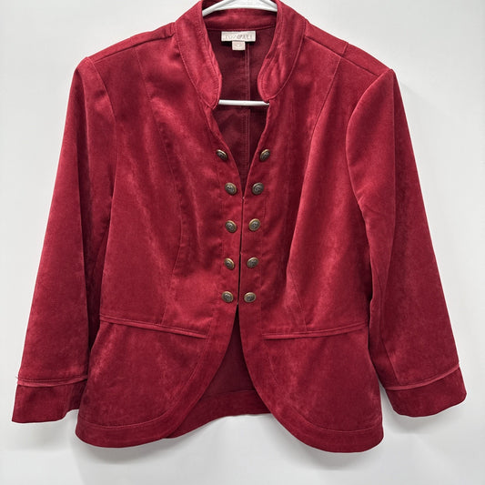 Roz & Ali Red Faux Suede Blazer Jacket Womens M Military Hook Front Lightweight