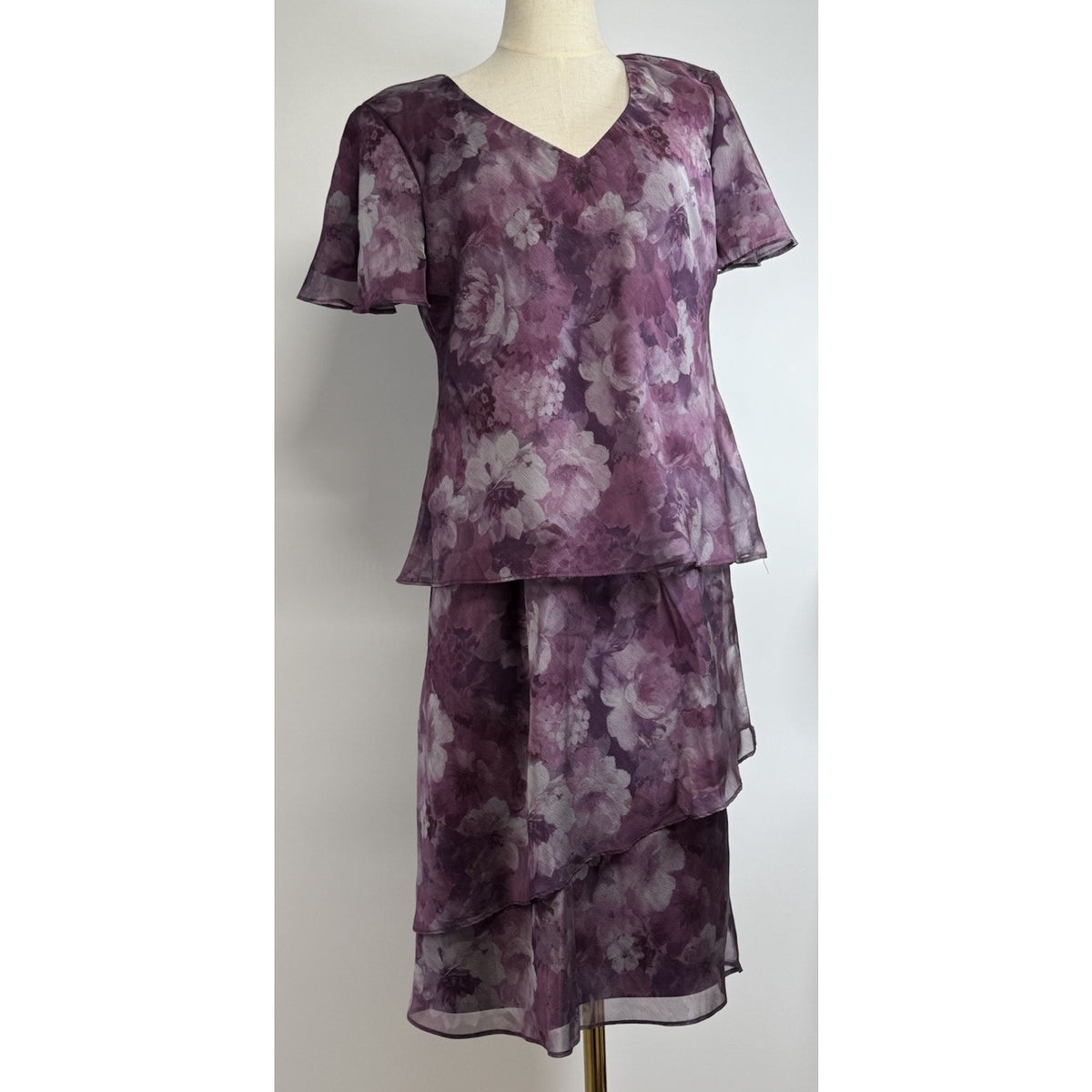 R&M Richards Purple Floral Chiffon Dress Set Size 12 Sheer Layered Romantic