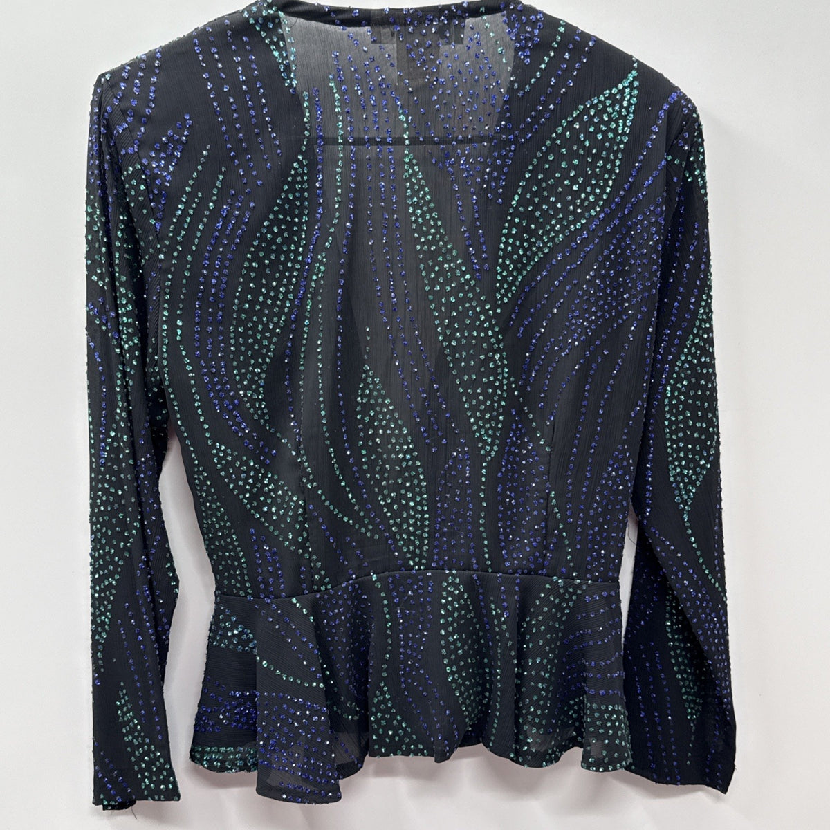 Vintage Diversity Size 10 Black Sequin Beaded Peplum V-neck Blouse Shirt USA