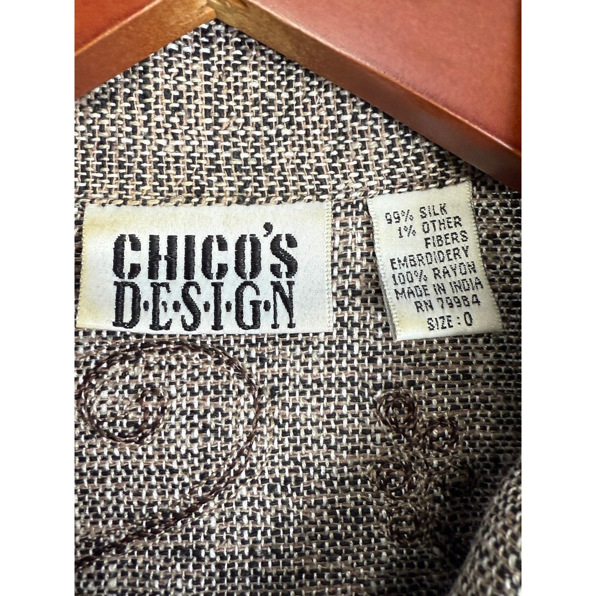 Chico’s Design Women 0 99% Silk Jacket Brown Embroidered Boho Dark Academia FLAW