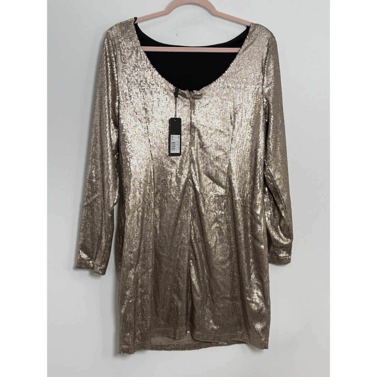 Kardashian Kollection Gold Sequin Shift Dress Sz L Scoop Neck Long Sleeve Flaw