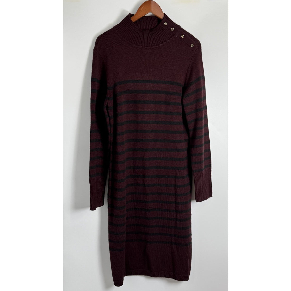 New York & Company Burgundy Striped Sweater Dress L Mock Neck Button Shoulder