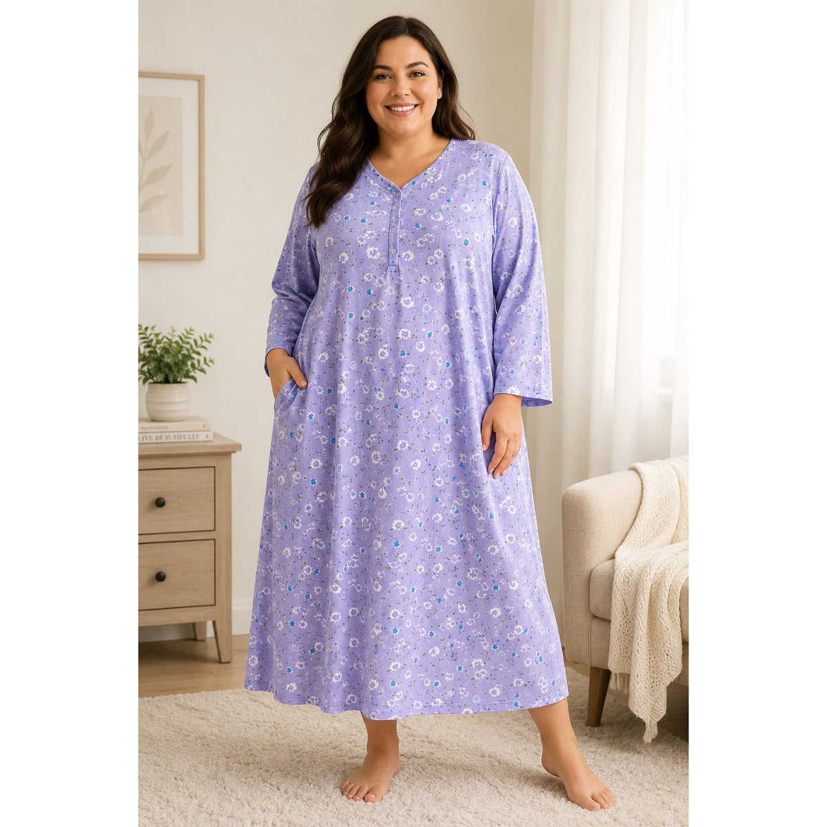 EKOUAER 4X Purple Floral House Dress Nightgown Long Sleeve Pockets Sleepwear