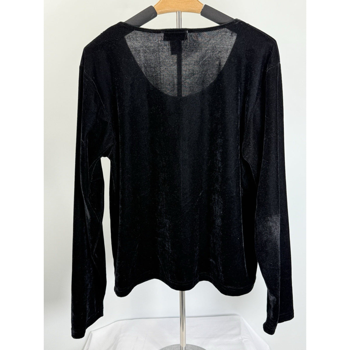 Rene Margo L Black Velvet Beaded Top Long Sleeve Stretch Embellished Scoop Neck