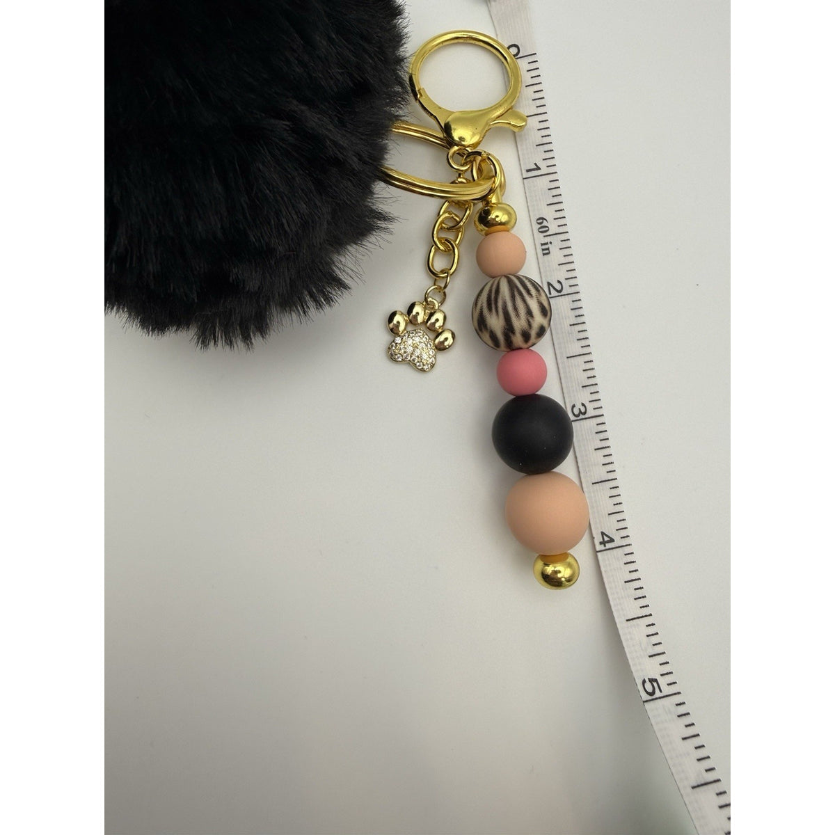 Keychain Gold Dog Paw Charm Black Pom Pom Purse Charm Neutral Chic