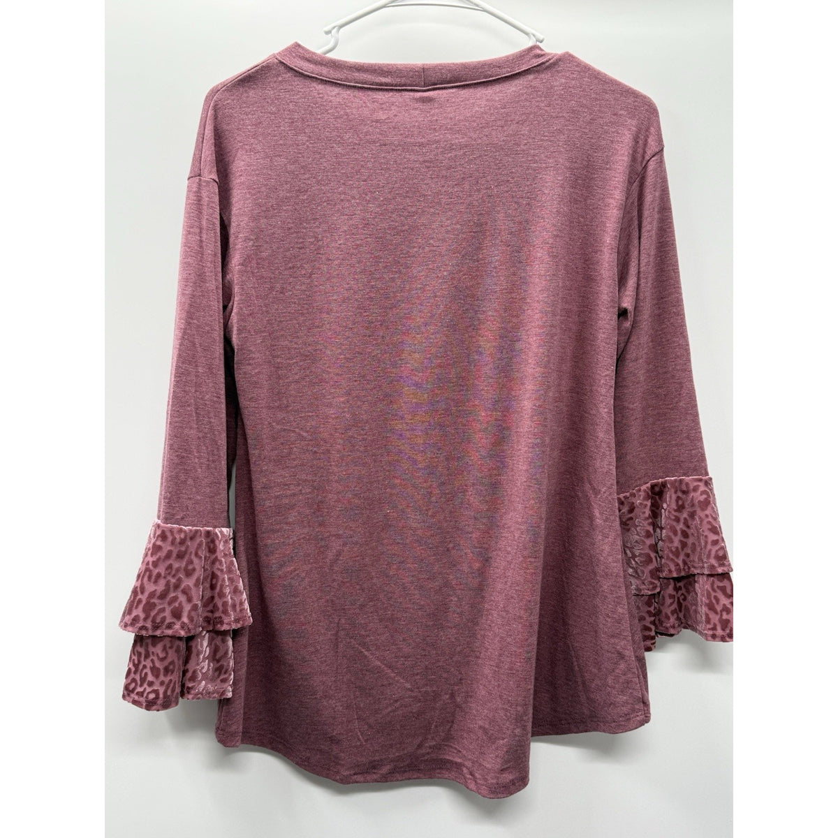 Emerald Mauve Twist Front Top Leopard Burnout Ruffle Sleeve Boho Small