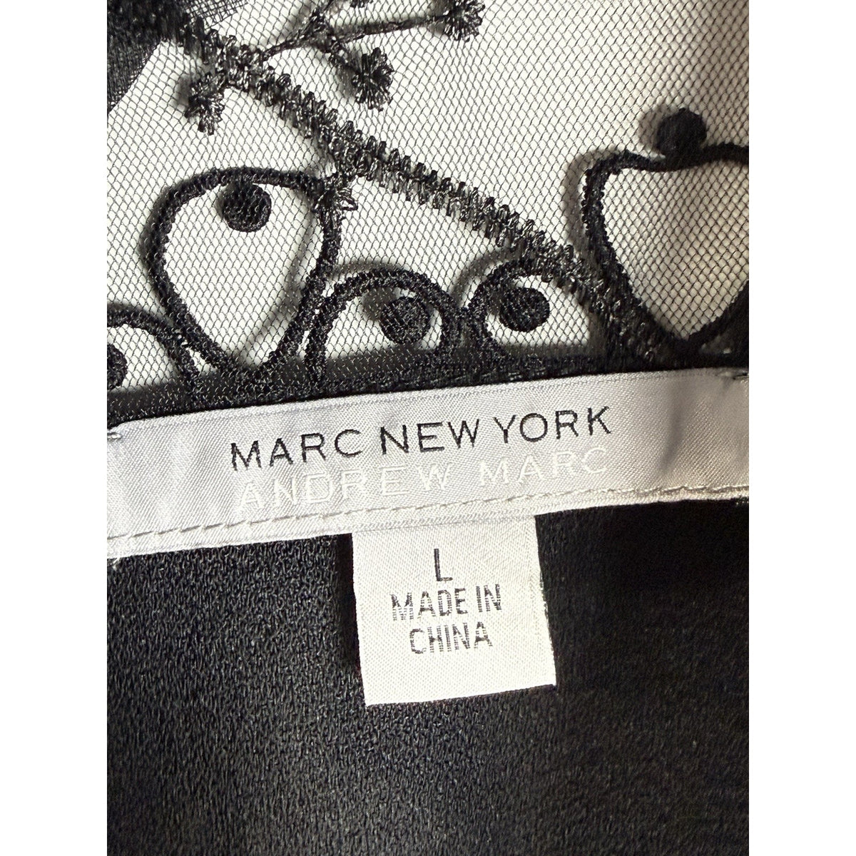 Marc New York Andrew Marc Black Lace Mesh Blouse Women’s L Bell Sleeve Romantic