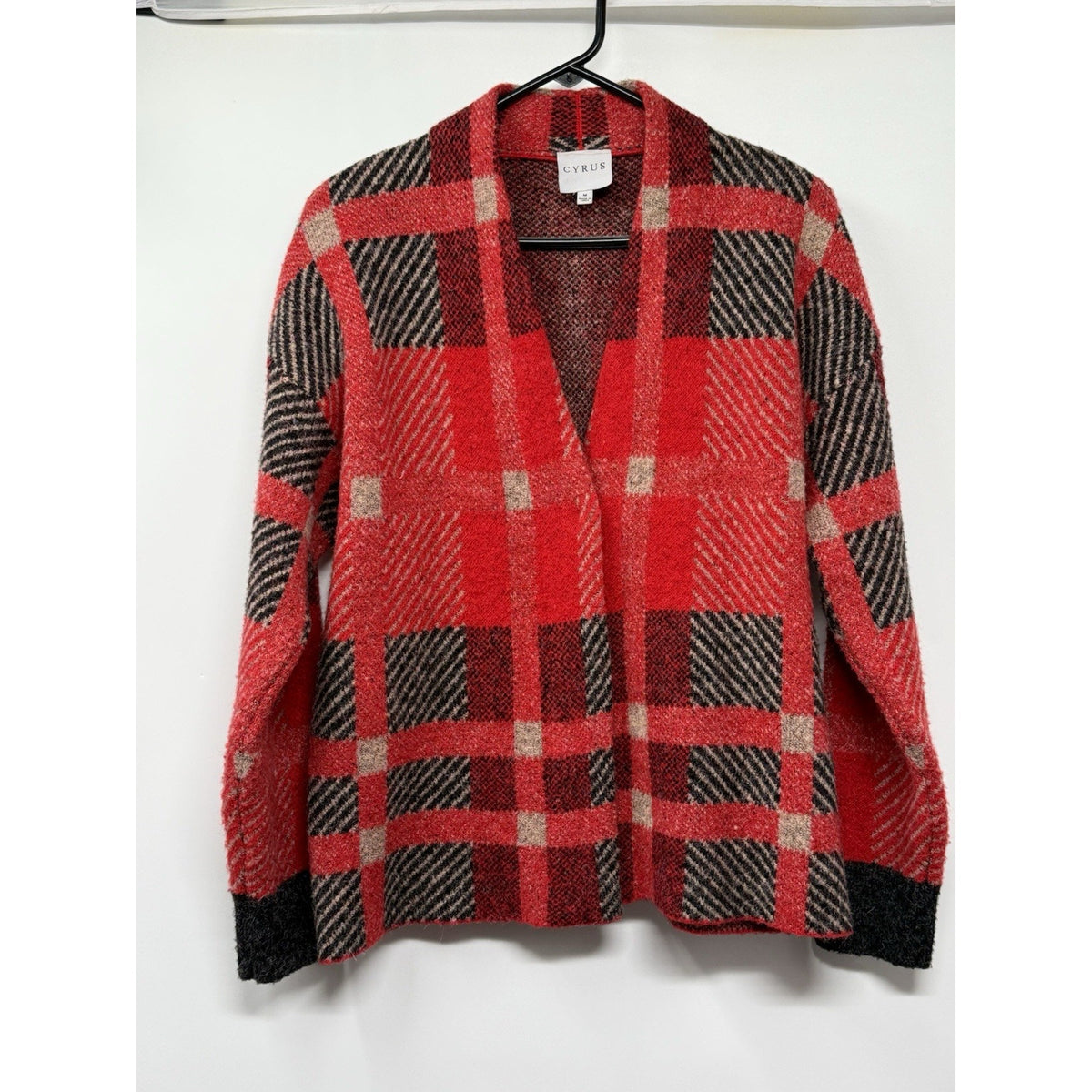 Cyrus Cardigan Sweater Snap Button Red Check Plaid Women Size Medium Academia