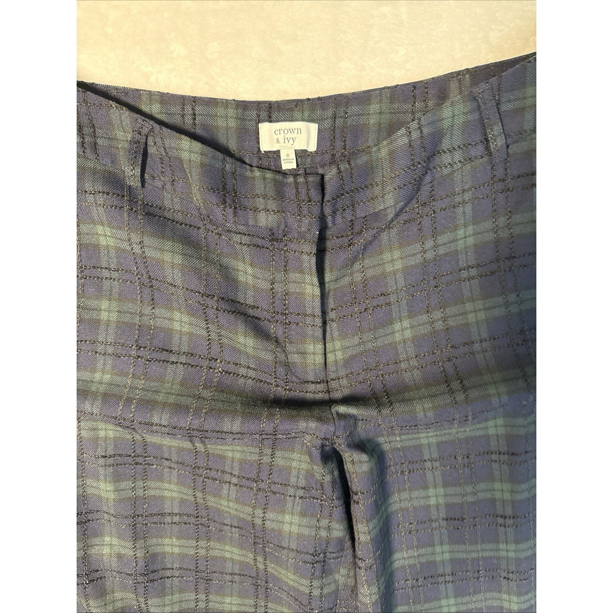 Crown & Ivy Cropped Straight Wide Leg Dress Pants Green Tartan Plaid Mid Rise 8