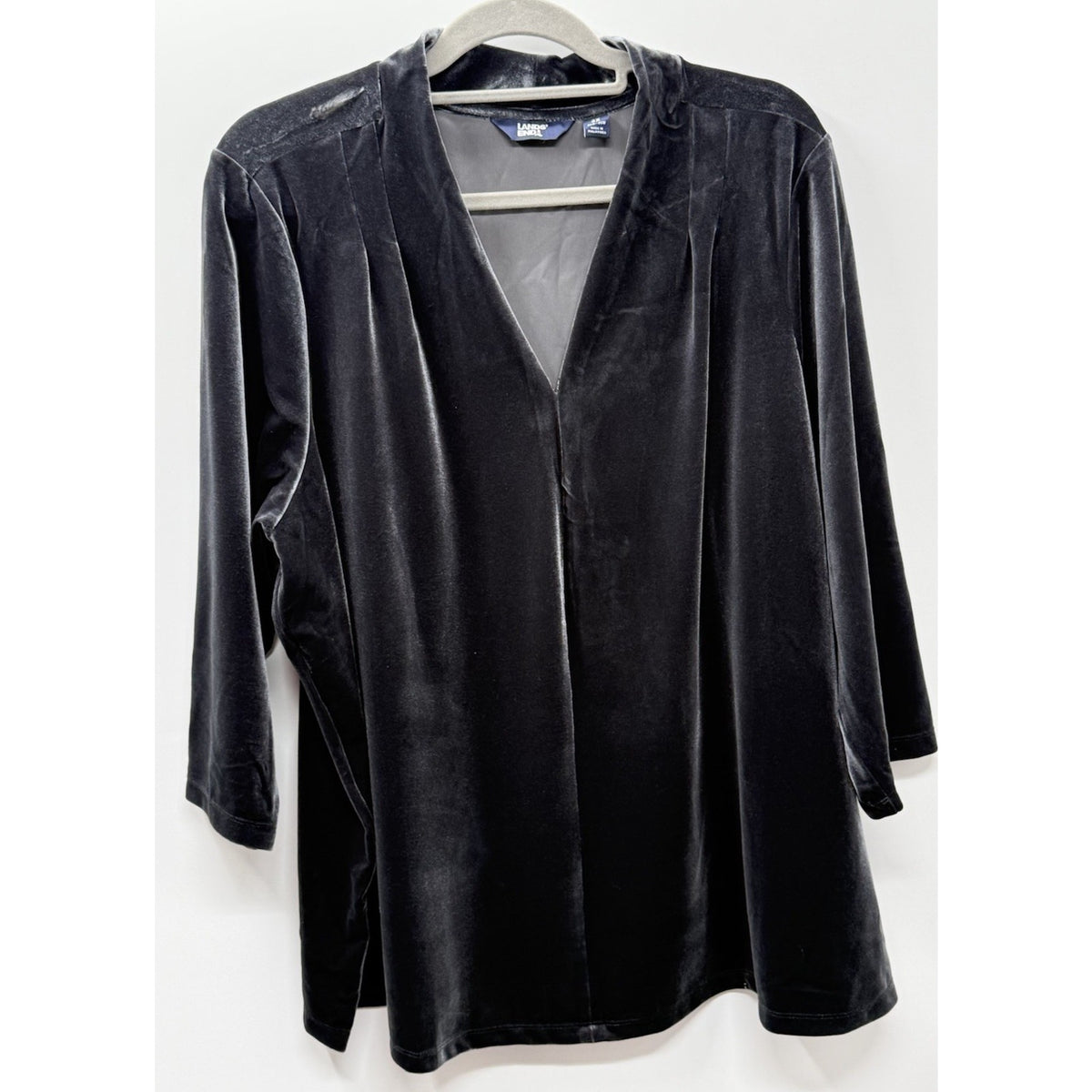 Lands End Womens 3X Black Velvet Top Pullover V Neck Plus Size 24W 26W Holiday