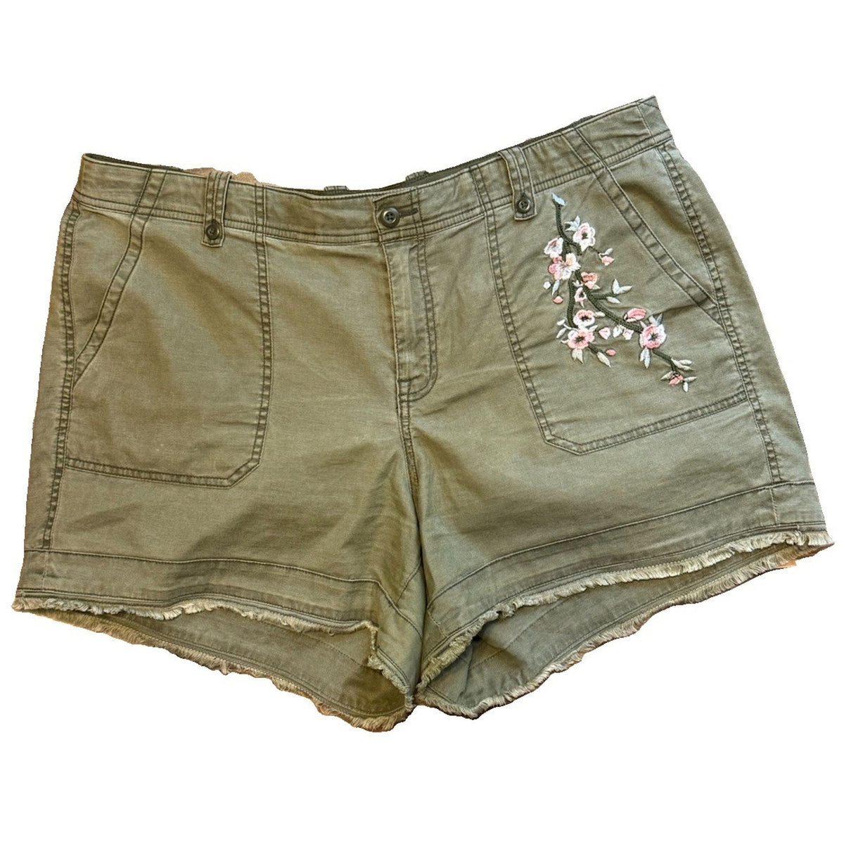 Lane Bryant Shorts Women's Size 18 Floral Embroidered Girlfriend Khaki Green