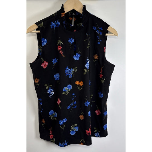 Tahari Black Floral Mock Neck Blouse Sleeveless Cottagecore Romantic Top S