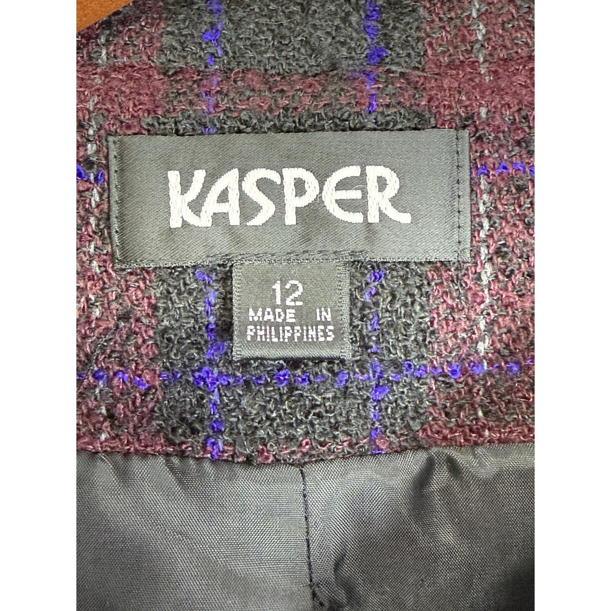 Kasper Plaid Wool Blend Button Front Jacket Blazer Size 12 Burgundy Black