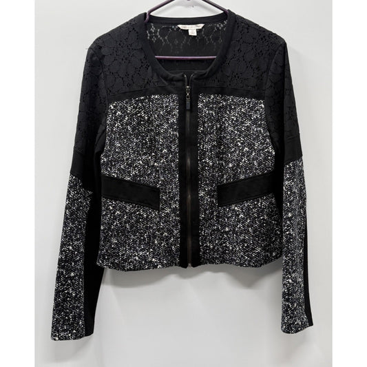 Cato Size 12 Black White Zip Front Jacket Lace Yoke Stretch Career Casual