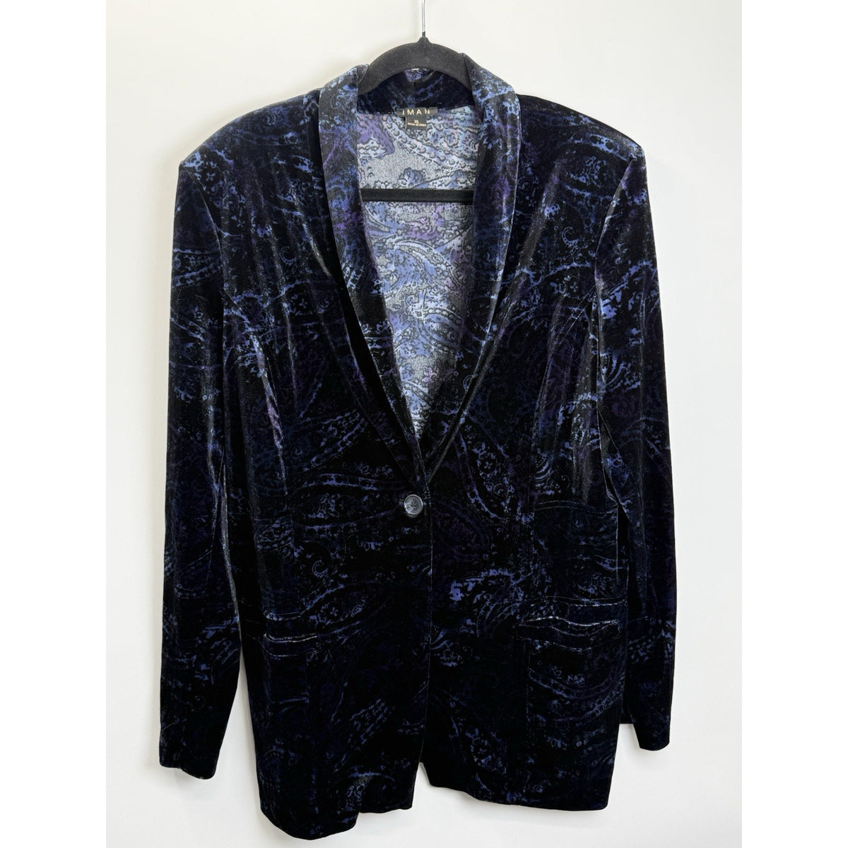 IMAN Velvet Paisley Drapey Blazer Jacket Blue Purple Stretch XL Open Front
