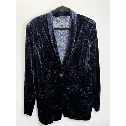 IMAN Velvet Paisley Drapey Blazer Jacket Blue Purple Stretch XL Open Front