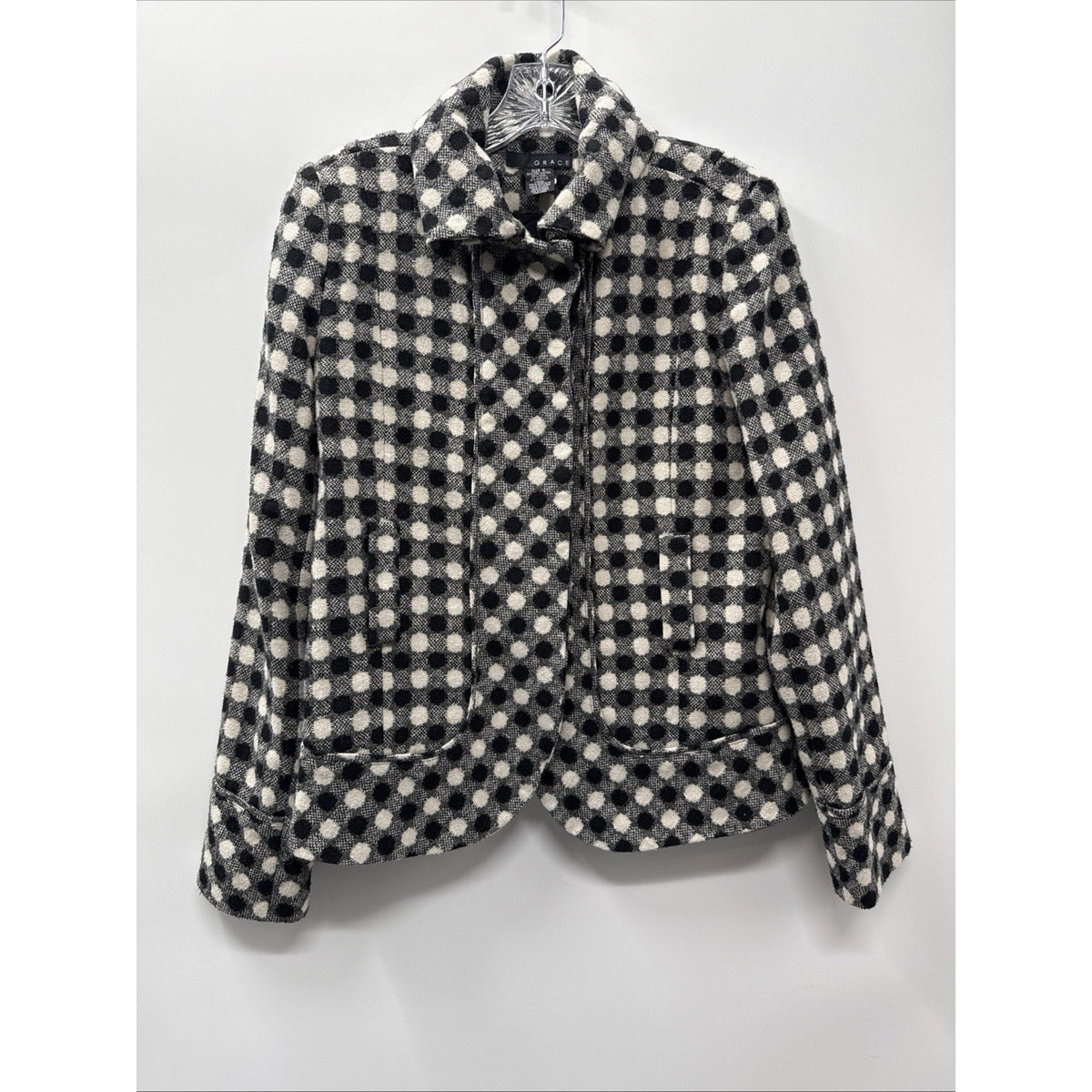 Grace Wool Blend Jacket Womens Size 4 Black Ivory Check Missing Belt Lined
