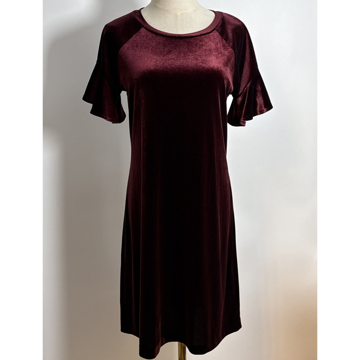Worthington Velvet Shift Dress Small Burgundy Wine Ruffle Flutter Sleeve Holiday