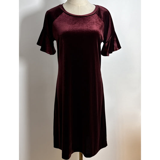 Worthington Velvet Shift Dress Small Burgundy Wine Ruffle Flutter Sleeve Holiday