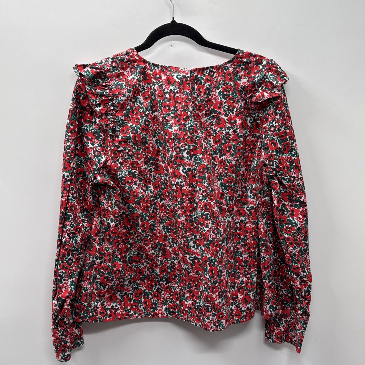 J Crew Blouse Red Green Black Ruffle Sparkly Buttons L Cotton Shirt Boho