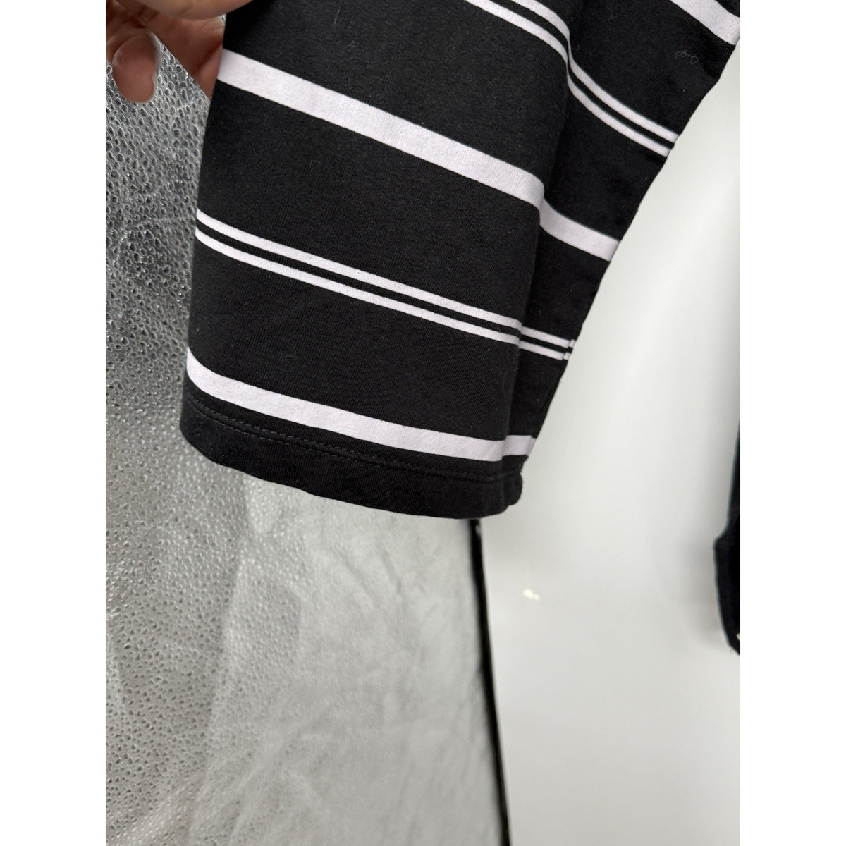 June + Vie 1X Black White Striped Hoodie Pullover Kangaroo Pocket No Drawstring